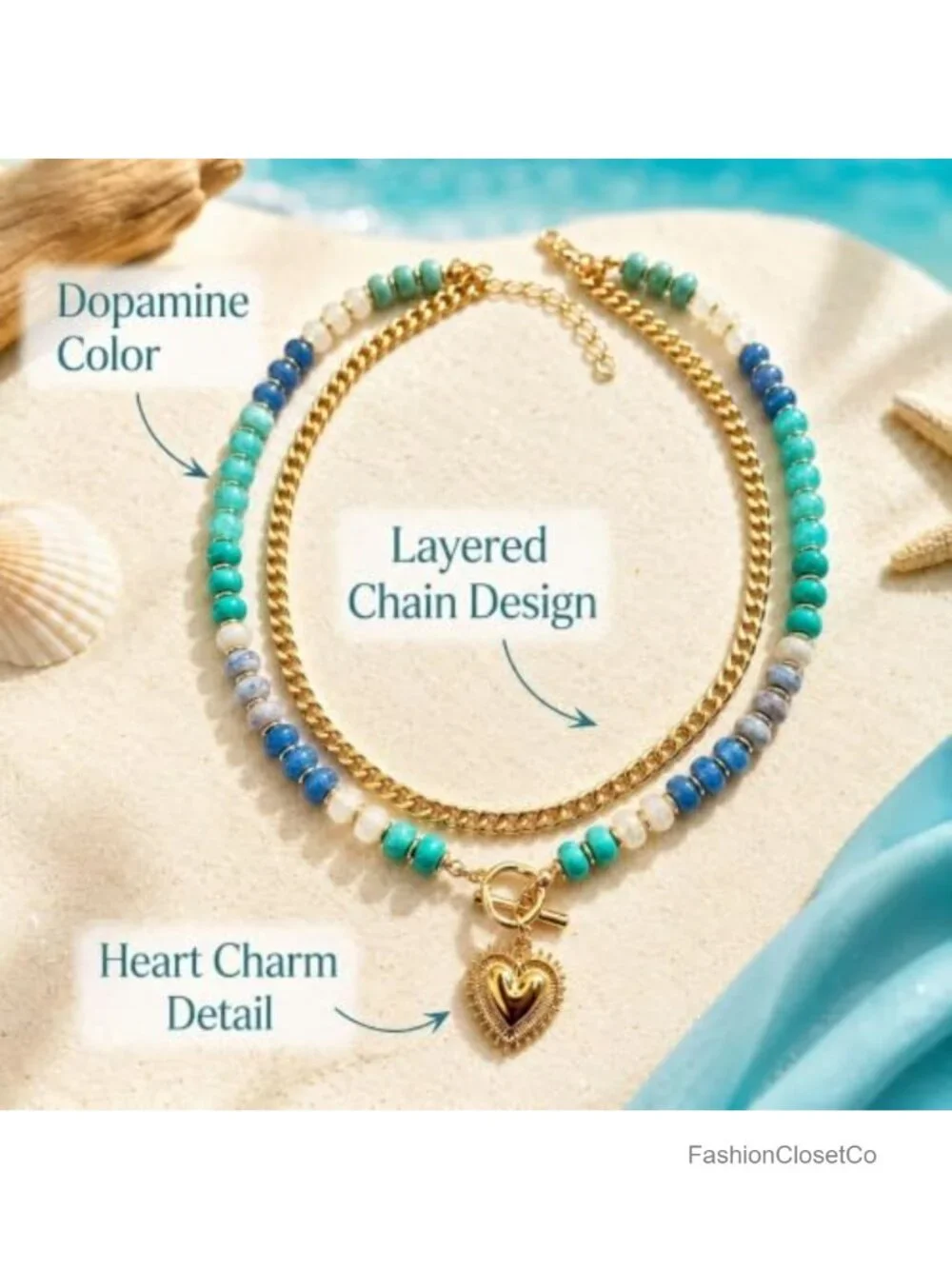 Colorful Beaded Layered Necklace with Heart Pendant Adjustable Choker Chain